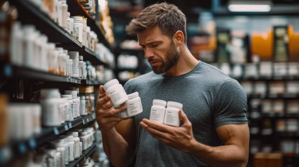 A man in a gray t-shirt examines multiple supplement bottles in a well-stocked store aisle filled with various containers.