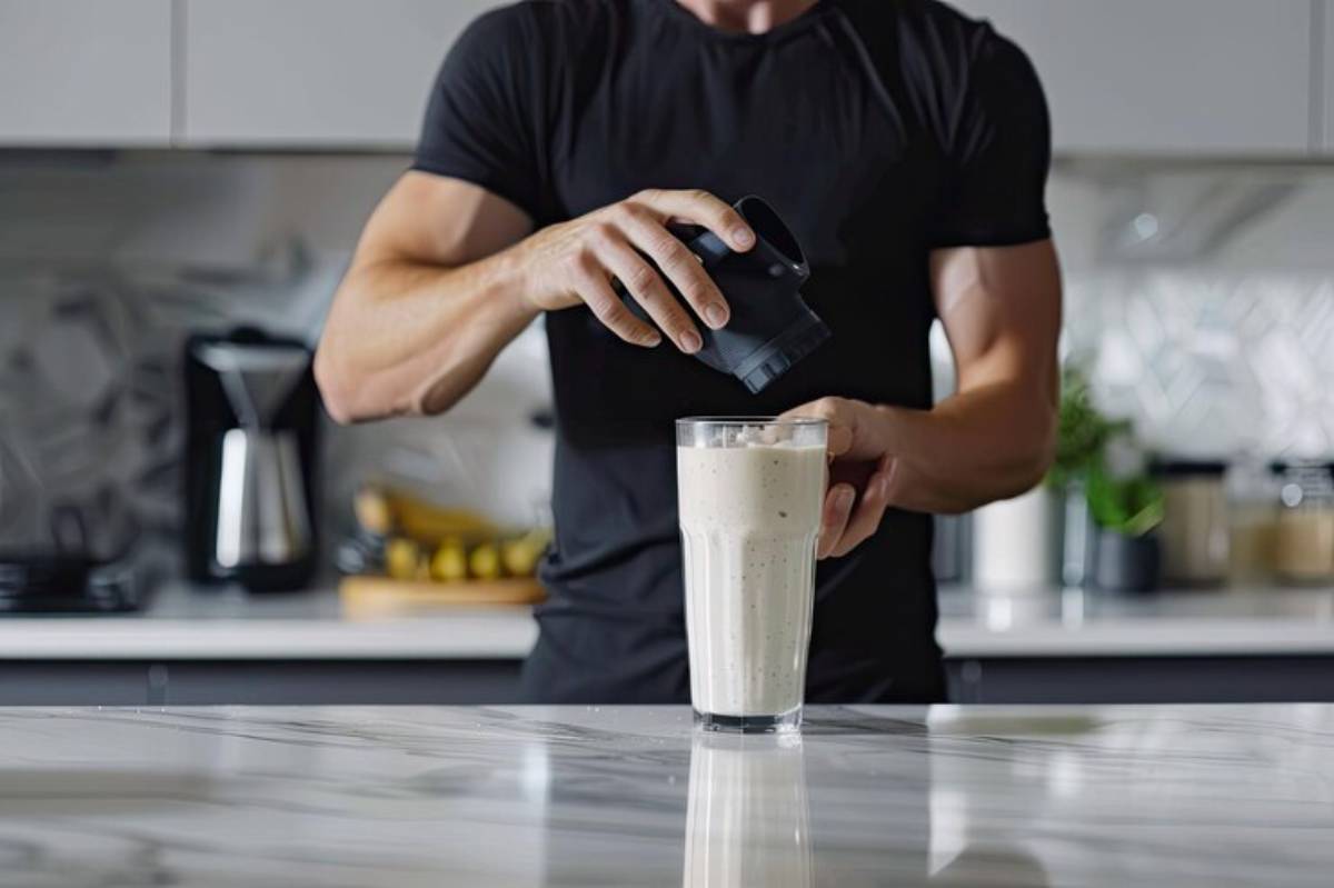 A person in a black shirt pours something into a tall glass of smoothie on a kitchen countertop.