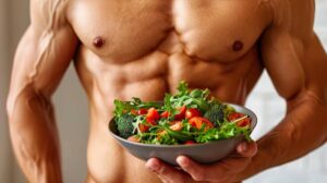A muscular man holds a bowl of fresh salad, featuring leafy greens, cherry tomatoes, and broccoli, showcasing healthy eating.