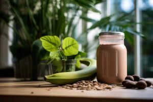 A glass jar of smoothie beside a banana, almonds, and small houseplants, set on a wooden table with natural light.