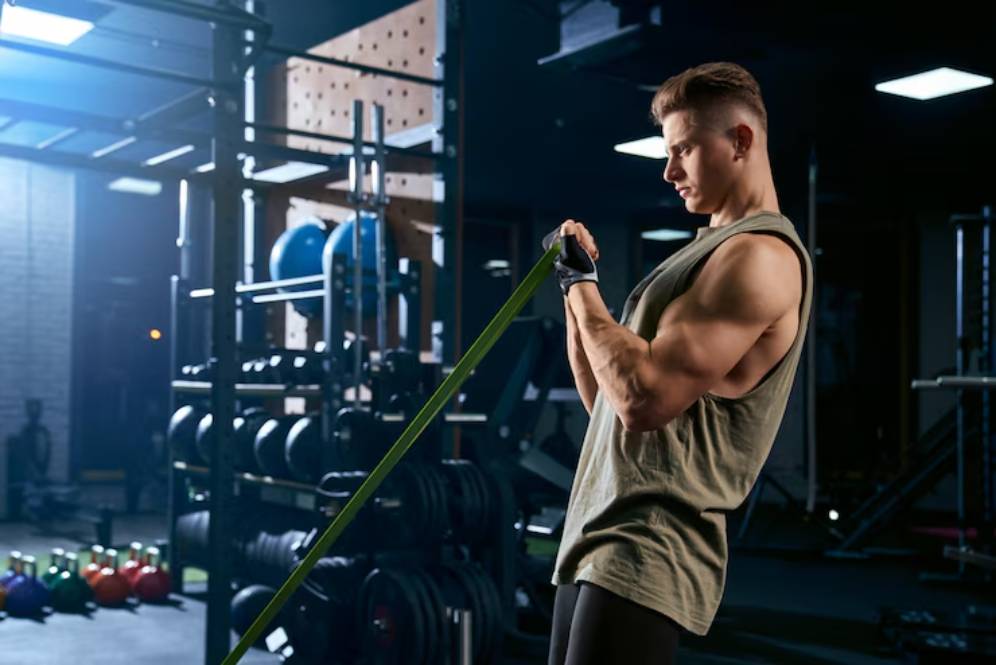 A muscular individual performs resistance training with a green band in a dimly lit gym filled with fitness equipment.