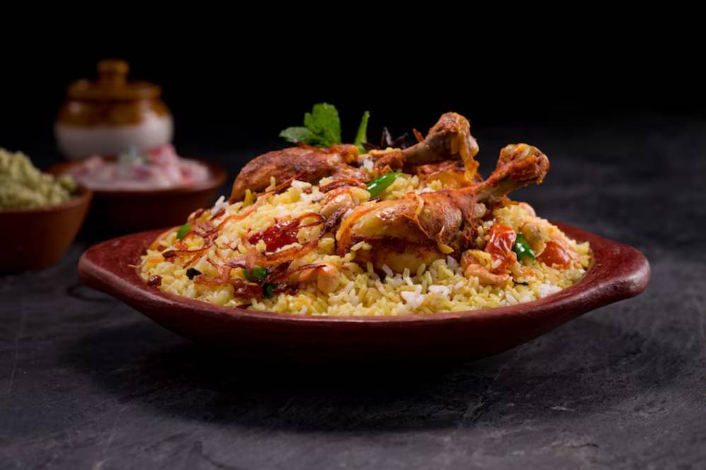 A bowl of aromatic biryani topped with chicken legs, garnished with herbs and crispy onions, surrounded by side dishes.