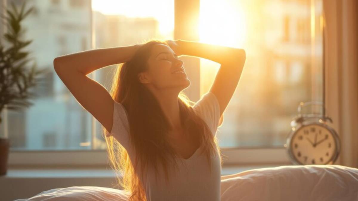 A woman stretches in bed, basking in warm sunlight, surrounded by a cozy bedroom setting with a clock on the nightstand.