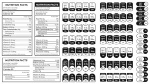 A detailed image of nutrition facts labels, displaying calories, fats, sugars, and vitamins for multiple food items in a tabular format.