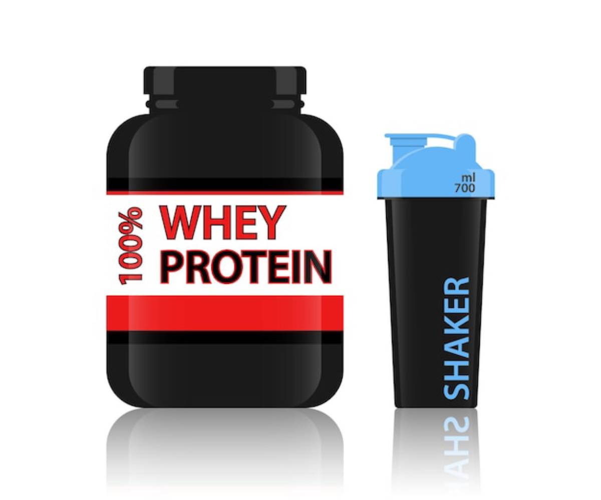 A black container labeled 100% Whey Protein next to a black shaker bottle with a blue lid, marked SHAPER and 'ml 700'.