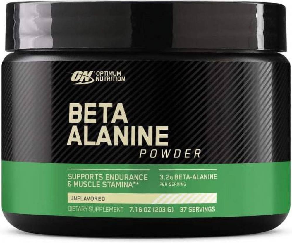 Black container of Optimum Nutrition Beta Alanine powder, labeled for endurance and muscle stamina, with 37 servings, unflavored.